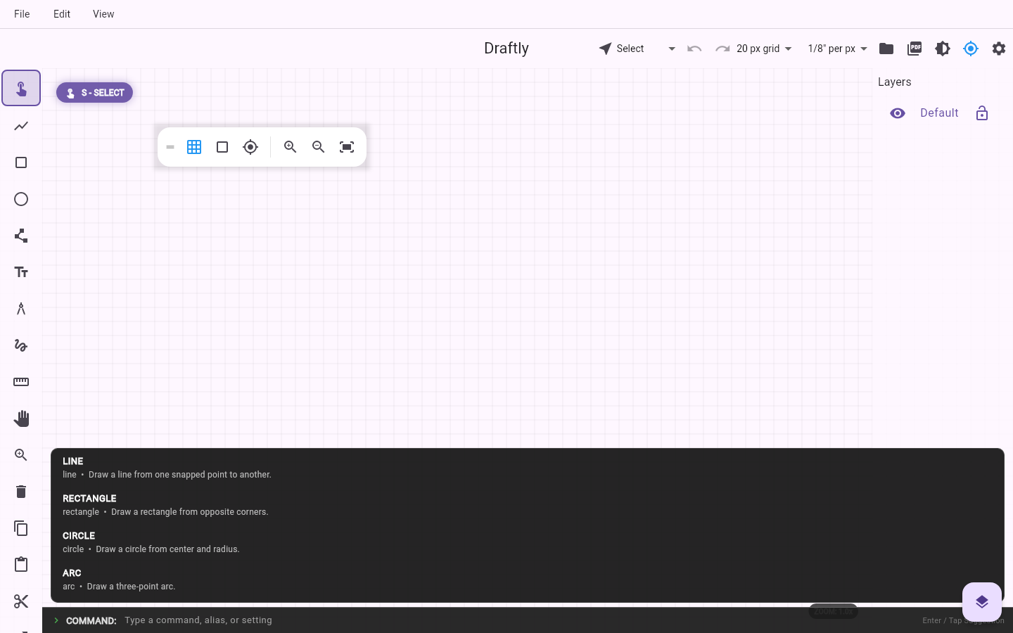 Draftly command bar showing autocomplete suggestions for LINE, LIST, LAYER